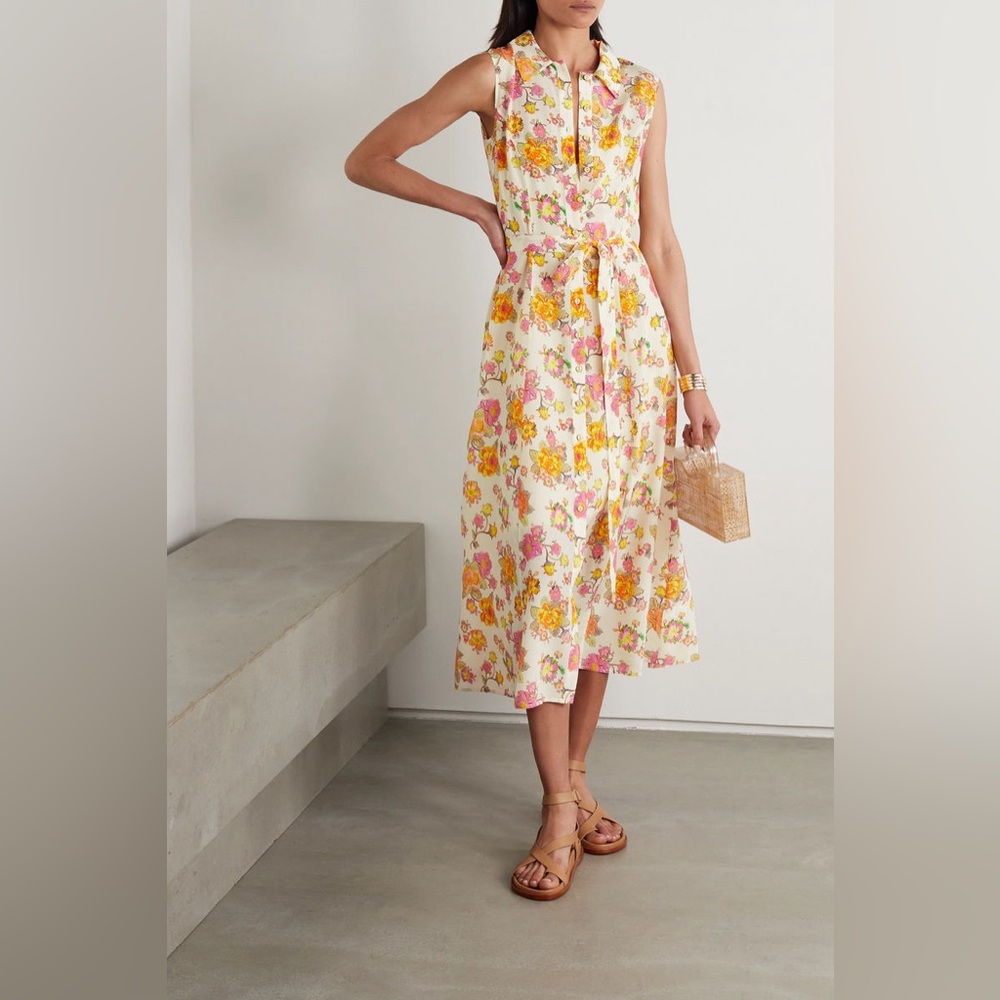 Saloni Vanessa Belted Floral Print Crepe De Chine Midi Dress 6